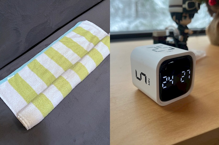 Towel roll and pomodoro timer