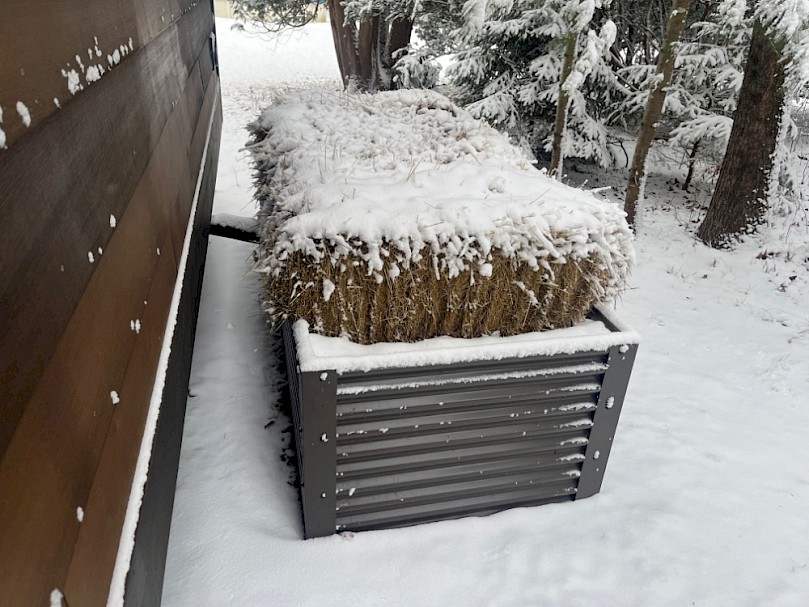 Tiny house mulch basin in the snow